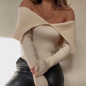 Zara 2020 Ecru Ribbed Elegant Cream Off-Shoulder Top